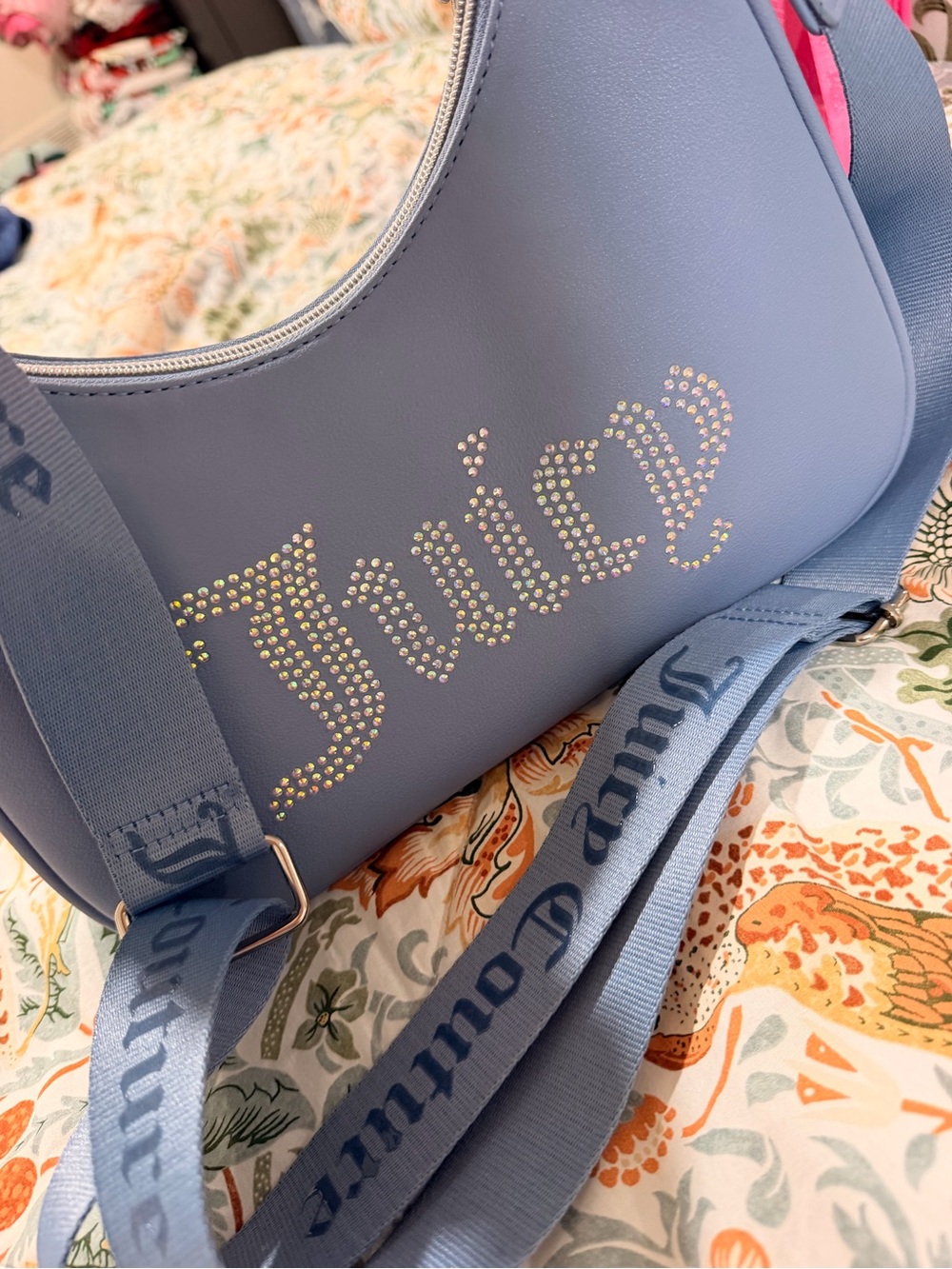 Juicy Couture Light Blue Rhinestone Logo Shoulder Bag with Branded Strap